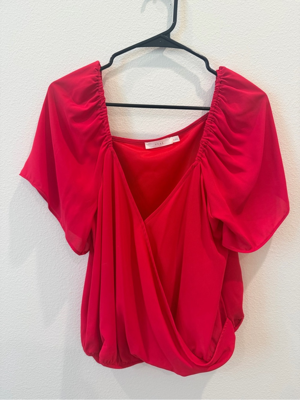 Lush hot pink Draped V-Neck Blouse with Puff Sleeves